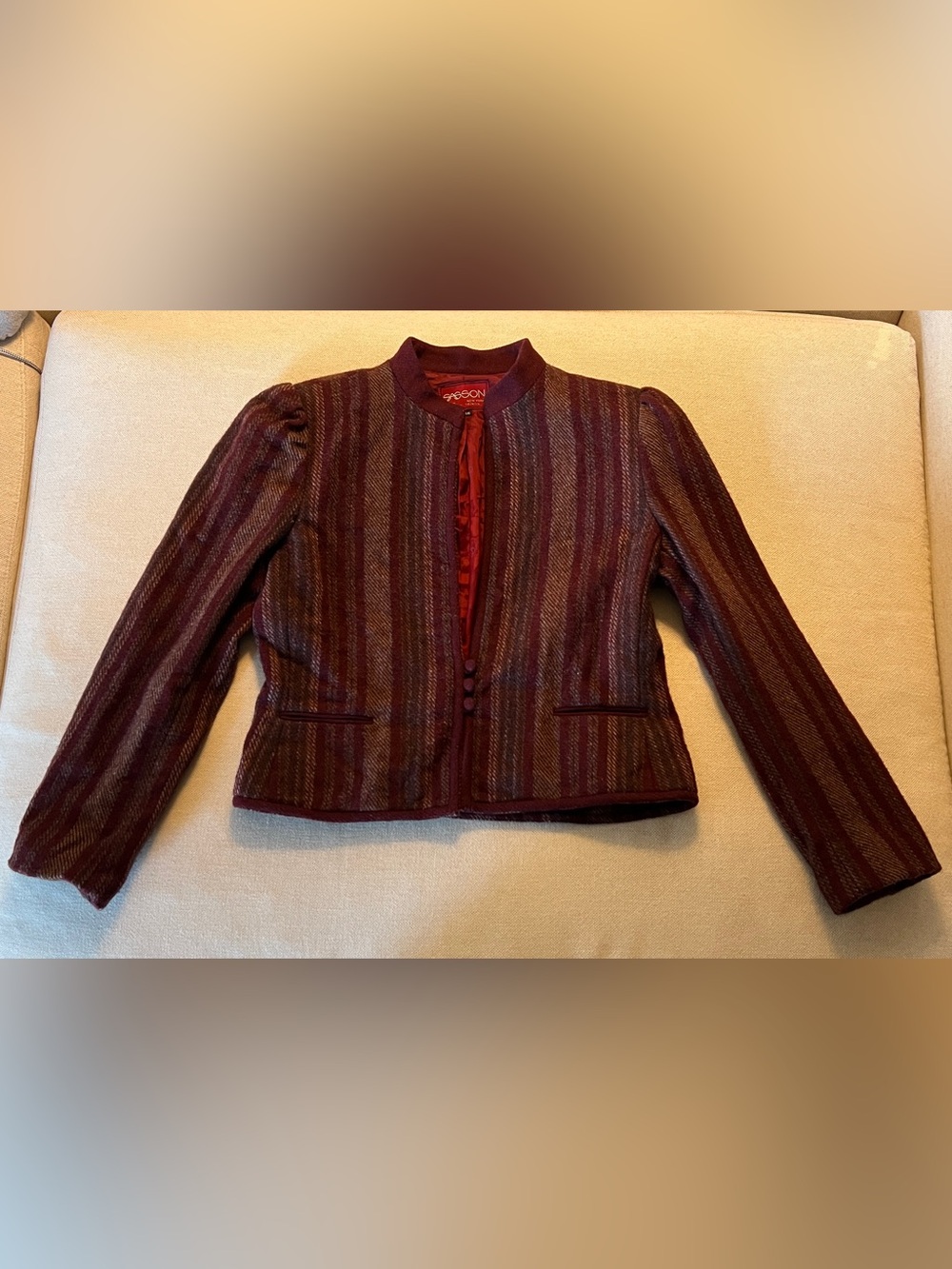 SASSON 100% Wool Mandarin Collar Cropped Stripe Jacket Burgundy Maroon | US M - Picture 7 of 11